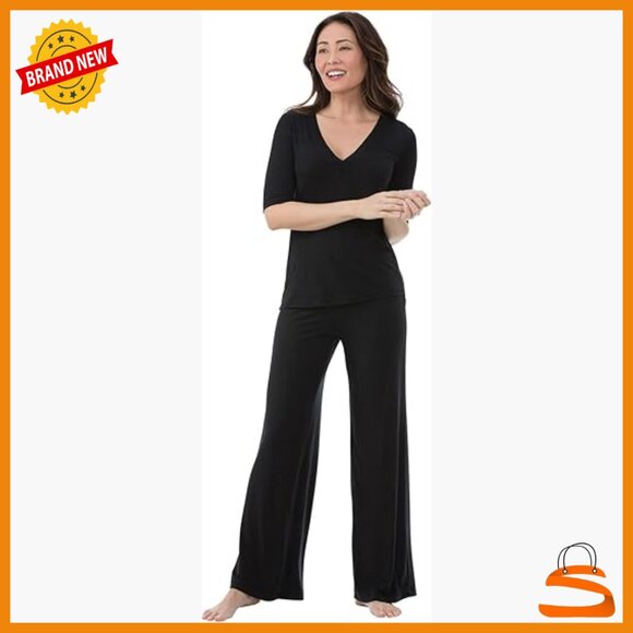 Other - Silky V-Neck Pajama Set with 3/4 Sleeves, Loose Fit, Polyester Blend